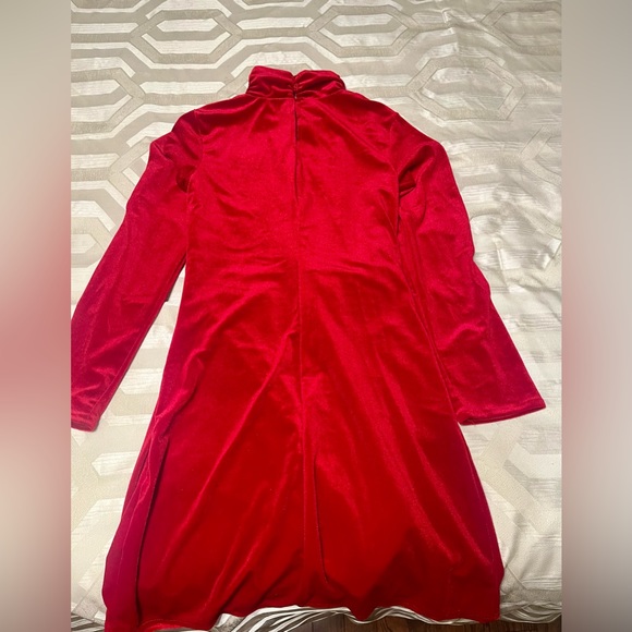 NWOT SHEIN Mock Neck Vibrant Red Velvet Draped Dress, Size Small - Picture 4 of 7